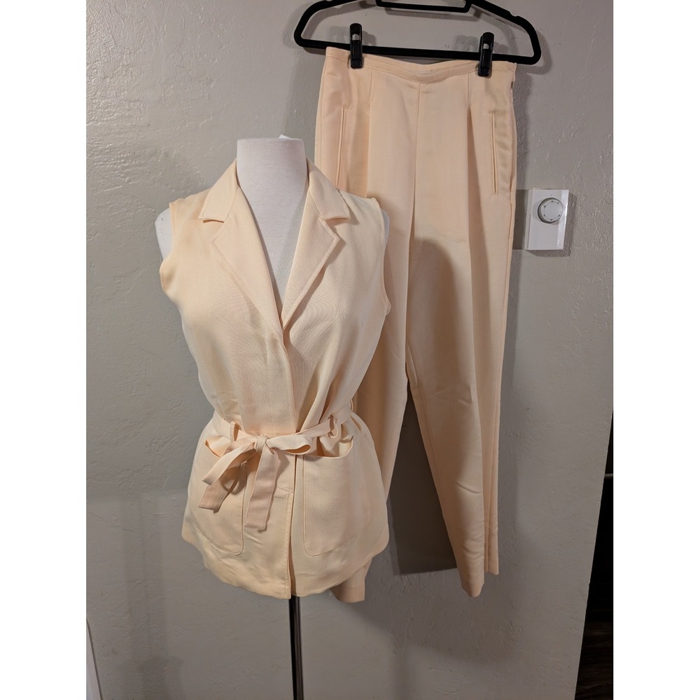 Vintage 90 Butter Yellow Two Piece Pant Suit Sleeveless Blazer Set Minimalist M